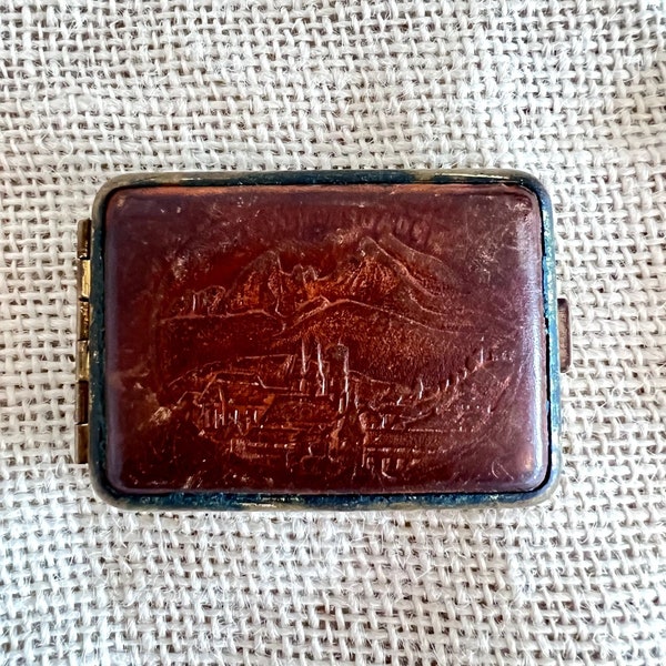 Antique Tiny Mini Leather Religious Catholic Rosary Pocket Case Hand Tooled