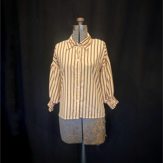 Vintage / Cream and Brown Stripe / Balloon Sleeve… - image 1