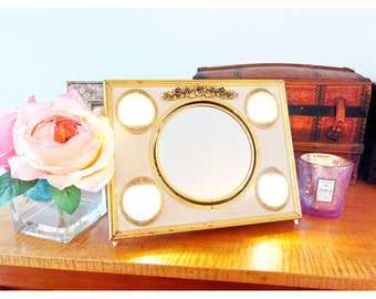 Vintage 1960's - 1970's Gold Floral Rose Filagree Hollywood Regency Lighted Makeup Mirror / Rare