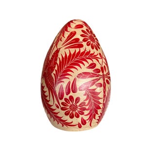 Vintage Handcrafted Mexican Folk Art Red & Natural Ceramic Egg Otomi-Inspired Signed by Artist