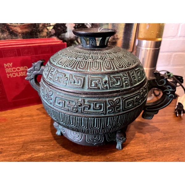 Verdigris Mid-Century Shang Dynasty Style Ice Bucket with Asian Motif, James Mont Style