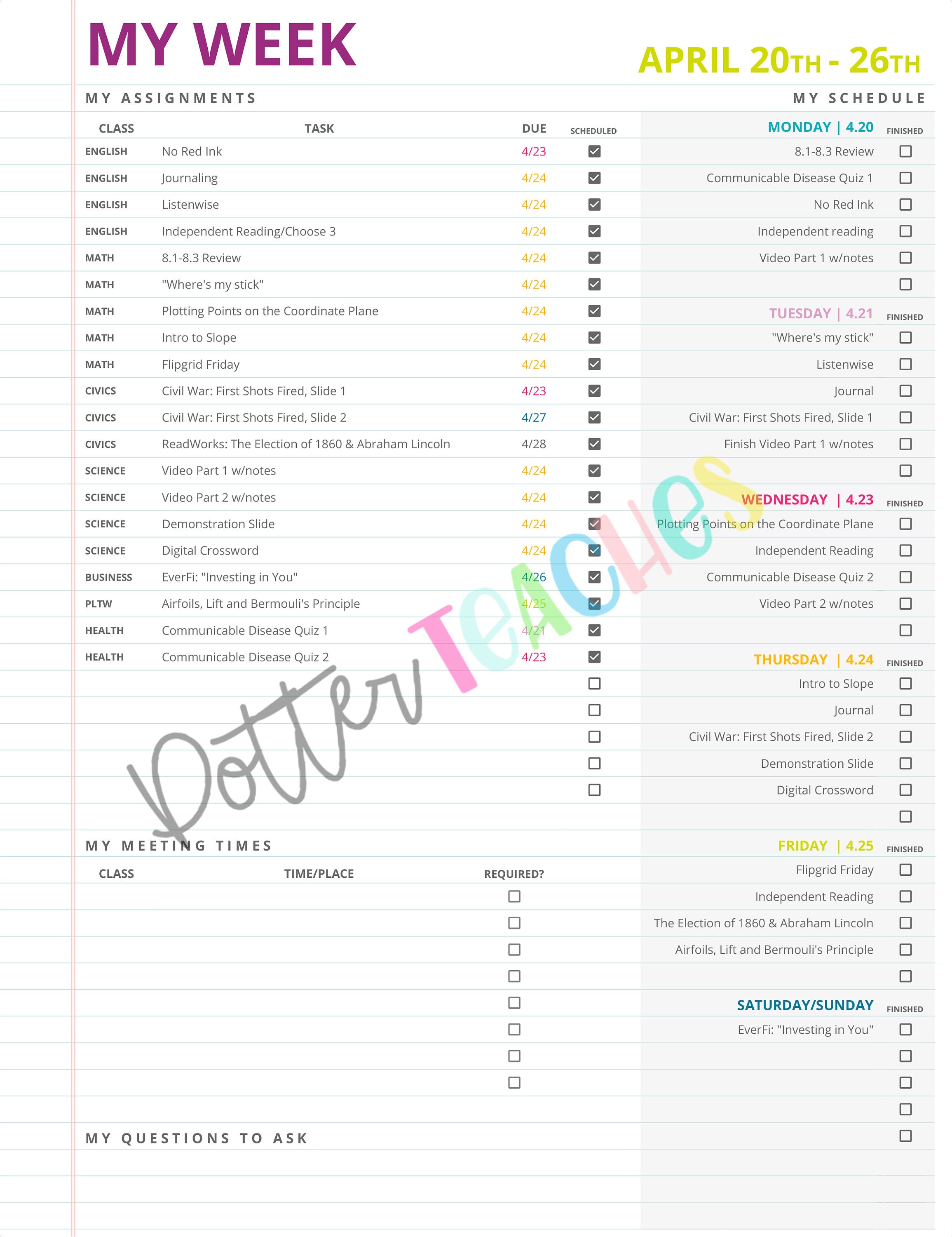 Student & Teacher Academic to Do Planner Google Drive, Google Sheets