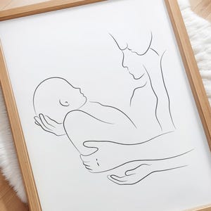 Line Art Newborn, Family Portrait Drawing, Minimalist Nursery Print, Nursery Wall Art, Nursery Art Printable, Line Art, Mom Dad Baby Art