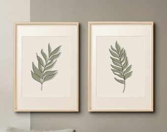 Boho Botanical Print Set of 2,  Botanical Print Download, Green Wall Art Printable, Leaf Line Art Printable, Boho Modern Art, Minimalist Art