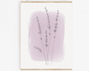 May include: A printable art print featuring a line drawing of lavender flowers on a watercolor background. The background is a soft purple color.