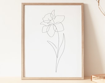 One Line Daffodil, Daffodil Print, Flower Line Art, Minimalist Art Print, Printable Wall Art, Continuous Line Drawing Print, Downloadable