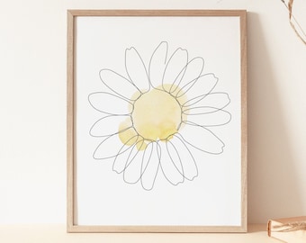 Daisy One Line, One Line Flower Print, Daisy Line Drawing, Printable Wall Art, Continuous Line Art, Minimal Floral Print, Yellow Printable