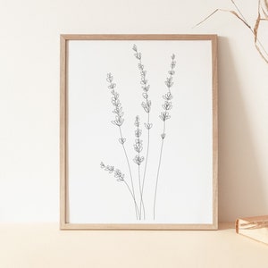 Arte de línea botánica, impresión de lavanda, impresión minimalista, impresión de dibujo de una línea, arte de pared imprimible, impresión descargable, arte de línea de flores, calma