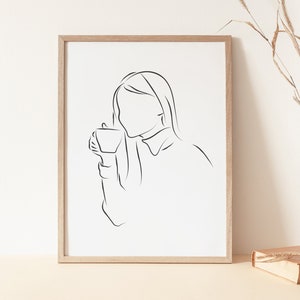 Woman Drinking Coffee Line Art, Coffee Line Art, Woman Line Art, Minimalist Print, Woman Line Drawing, Woman Drink Coffee Print, Printable