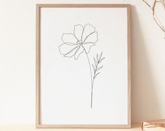 One Line Cosmos Flower, Botanical One Line, Cosmos Flower Line Art, Flower Drawing, Minimalist Art,  Line Art Flower Design, Flower Wall Art