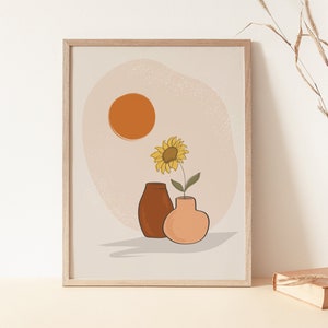 Téléchargement de Sunflower Art Print, Boho Earth Tone Printable Art, Neutral Tone Wall Art Print, Mid Century Modern Digital Art, Terracotta Artwork