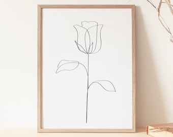 One Line Rose, Flower Line Art, Impresión minimalista, Dibujo de una línea, Arte de pared imprimible, Arte de línea continua, Arte de rosa de una sola línea, Arte de rosa