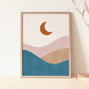 Boho Moon Art, Mid Century Art Print, Abstract Shapes Art, Earth Tone Wall Art, Blue Orange Print, Neutral Abstract Art, Printable Wall Art