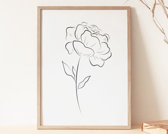 Peony Line Art, Peony Print, Minimalist Print, Flower Line Drawing, Printable Wall Art, Downloadable Prints, Fine Line Flower, Minimal Line