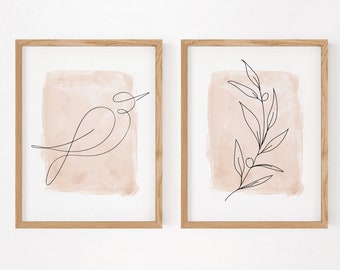 Set of 2 Prints, Minimalist Print Set, Line Art, Blush Pink Wall Art, One Line Drawing Print, Bird Line Art, Olive Branch Line Art, Minimal