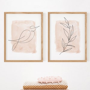 Set of 2 Prints, Minimalist Print Set, Line Art, Blush Pink Wall Art, One Line Drawing Print, Bird Line Art, Olive Branch Line Art, Minimal