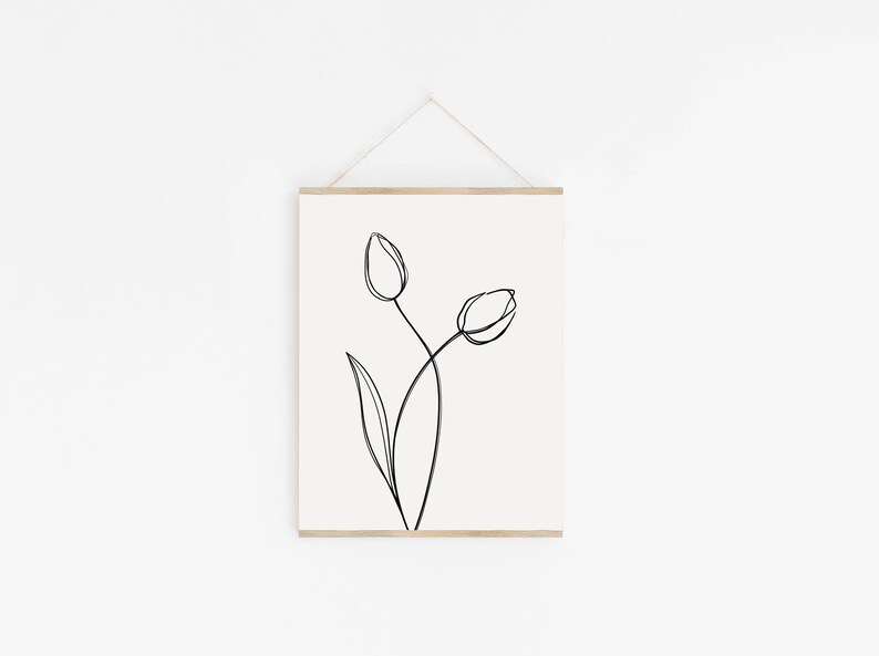 Puede incluir: Un dibujo en blanco y negro de dos tulipes con tallos y hojas sobre un fondo blanco.