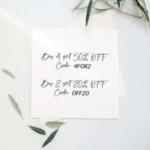 May include: A white card with black text that reads "Buy 4 get 50% OFF Code: 4FOR2" and "Buy 2 get 20% OFF Code: OFF20".