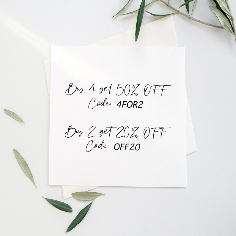 May include: A white card with black text that reads "Buy 4 get 50% OFF Code: 4FOR2" and "Buy 2 get 20% OFF Code: OFF20".
