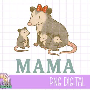 Opossum Mama PNG - Possum mignon avec des bébés clipart, faune rustique à imprimer, conception par sublimation pour des t-shirts, des tasses et des travaux manuels de la ferme