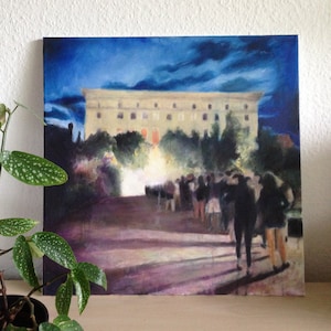Berghain Line Berlin Canvas Art Print of Oil Painting, 50 x 50 cm Techno Club Landscape Nightclub Wall Decoration Original Painting Poster