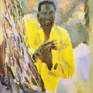 Meme Guy Yellow Suit nascosto dietro la tela dell'albero / stampa poster del dipinto ad olio, arte 30 x 30 cm, 40 x 40 cm 9gag