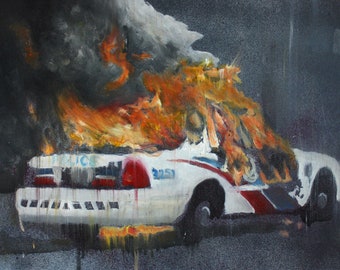 Affiche de voiture de police en feu à partir d&#39;une peinture à l&#39;huile originale, impression d&#39;art BLM Riot Expressionism Fire 21 x 30 cm