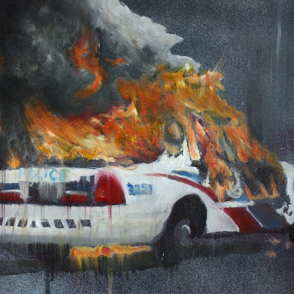 Burning Police Car Poster From Original Oil Painting Art Print Art Print BLM Riot Expressionism Fire 21x30 cm