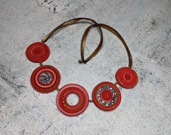Handmade Unique Bib Necklace, Red Black White Statement Jewelry