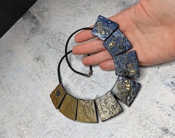 Blue Gold Necklace, Handmade Clay Necklace, Unique Bib Necklace, Statement Jewelry For Women, Unique Gift For Women, Special Gift For Mom