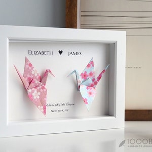 Kawaii Cherry Blossom Hand Printed Japanese Washi Paper Crane Art in Frame for Home Decor, Unique and Thoughtful Wedding or Anniversary Gift