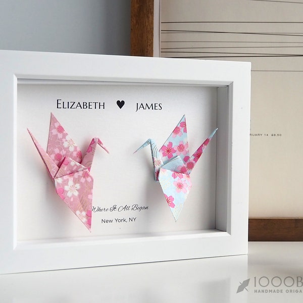Kawaii Cherry Blossom Hand Printed Japanese Washi Paper Crane Art in Frame for Home Decor, Unique and Thoughtful Wedding or Anniversary Gift