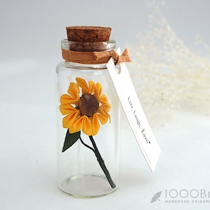 Sending Sunshine Handmade Origami Paper Sunflower in Mini Bottle with Personalized Message Tag / Paper Anniversary Gift / Sunflower Decor