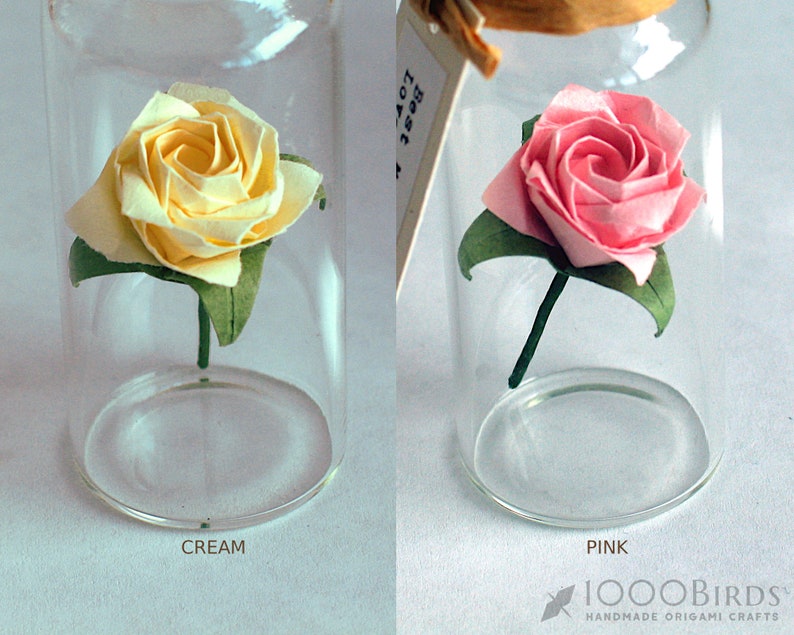 May include: Two origami roses in glass jars. The rose on the left is cream colored and the rose on the right is pink. Both roses have green leaves.