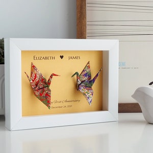 Gold Japanese Yuzen Washi You and Me Love Birds Origami Crane Art for Couple, Gift for Couple, Anniversary Gift, Where We Met Gift