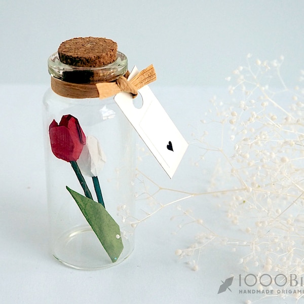Tiny Origami Paper Tulip in Bottle with Personalized Message Tag as Alternative Greeting Card, Mix and Match Your Tulip Color