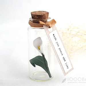 Peace Lily Origami Paper Flower in Mini Bottle, Calla Lily Flower, Sympathy Flower Gift, Personalized Message Tag, Personalized Gift