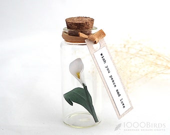 Peace Lily Origami Paper Flower in Mini Bottle, Calla Lily Flower, Sympathy Flower Gift, Personalized Message Tag, Personalized Gift