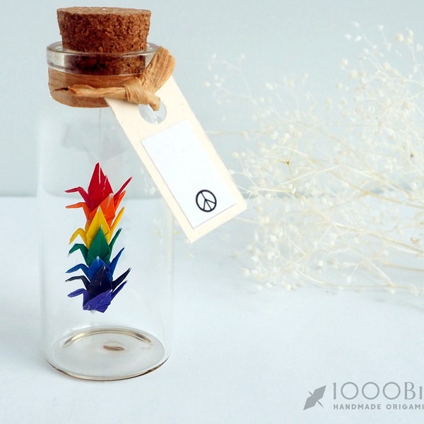 Love & Peace Mini Rainbow Origami Cranes Garland in Glass Bottle for Pride Wedding/lgbtq valentines/Gay Anniversary/ World Peace/Mardi Gras