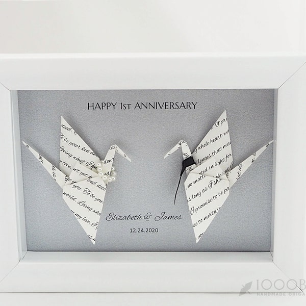 1st Wedding Anniversary Personalized Vow Origami Paper Crane Framed Art, Anniversary Gift for Him and Couple