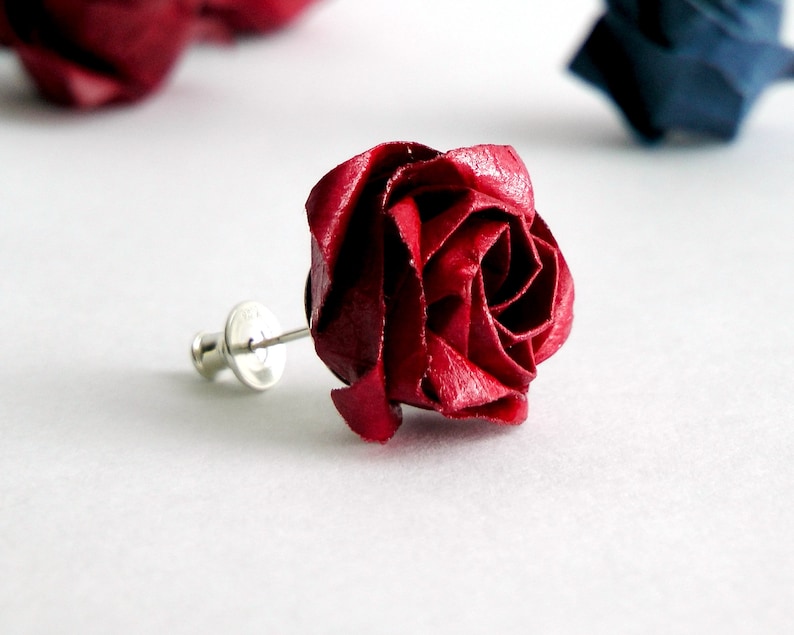 Origami Rose örhänge: Sterlingsilver, pappersblomma, kawaii bijoux bild 1