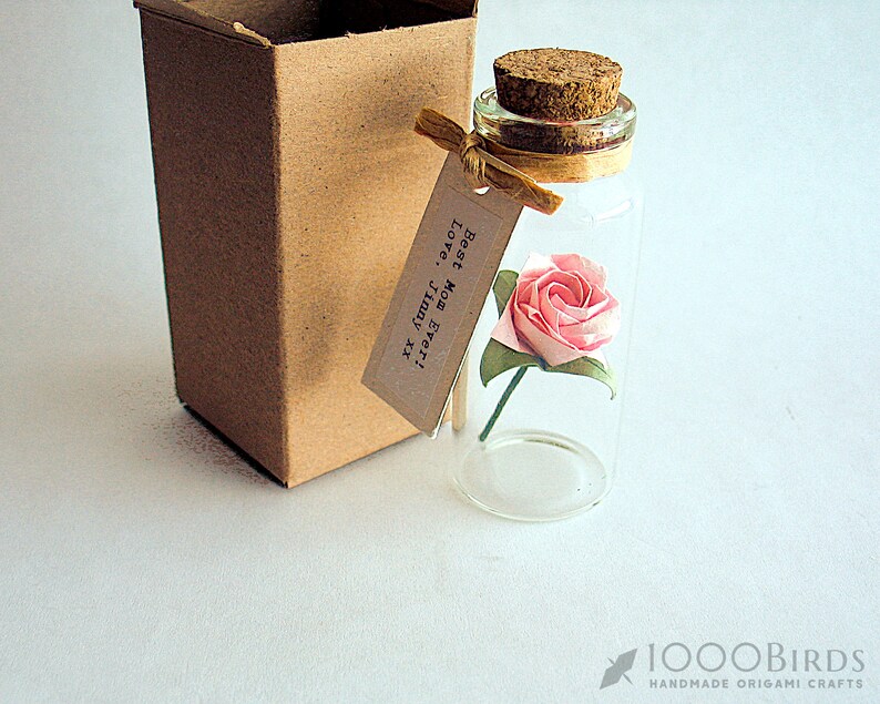May include: A glass bottle with a cork stopper contains a pink origami rose. A small tag attached to the bottle reads "Best Mom Ever! Love, July 2012".