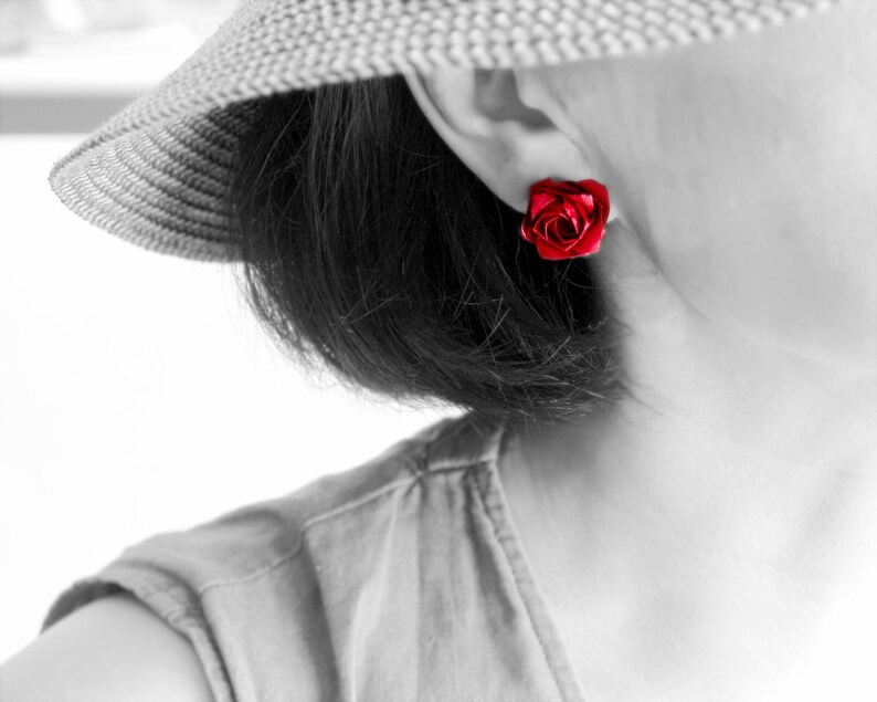 Origami Rose örhänge: Sterlingsilver, pappersblomma, kawaii bijoux bild 8