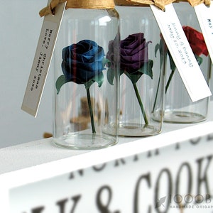 May include: Three glass bottles with cork tops, each containing a single origami rose. The roses are blue, purple, and red. Each bottle has a small tag attached with handwritten text. The text on the tags reads "Merry Christmas Love. Jinny xoxo", "Jinny & Danny May 10, 2019", and "Jinny & Danny May 10, 2019".