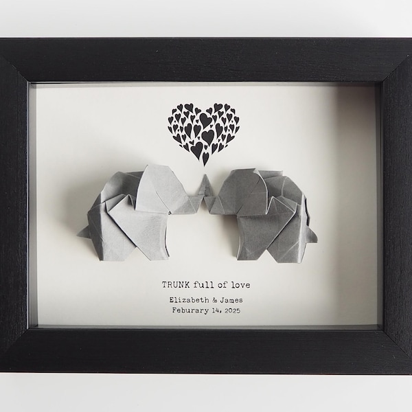 Personalized Origami Elephant Gift, Trunk Full of Love Framed Art, Paper Anniversary Gift, First Anniversary Gift, Elephant Lover Desk Decor