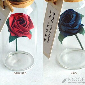 May include: Two glass jars with cork lids, each containing a single origami rose. The rose in the left jar is dark red, and the rose in the right jar is navy blue. The jars have handwritten tags attached to them.