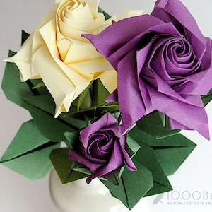 Purple Origami Rose, Cream Origami Rose, Origami Rose Bouquet, Paper Flower Bouquet, Origami Decoration, Paper Anniversary, Anniversary Gift