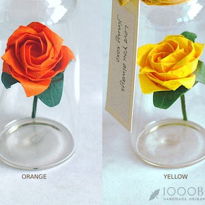 May include: Two origami roses in glass jars. The rose on the left is orange and the rose on the right is yellow. The jars have cork tops. A tag is attached to the jar on the right that says "Love You always, Simply xoxo".