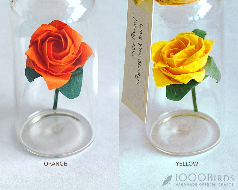 May include: Two origami roses in glass jars. The rose on the left is orange and the rose on the right is yellow. The jars have cork tops. A tag is attached to the jar on the right that says "Love You always, Simply xoxo".