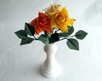 Yellow, Cream, Orange, Origami Rose Bouquet, Paper Flower, Artificial Flora, Paper Anniversary, First Anniversary, Gift for woman